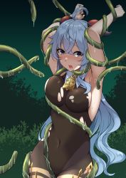 Rule 34 | 1girl, 4tb (4tera byte), ahoge, armpits, arms up, bell, black bodysuit, blue hair, blurry, blush, bodysuit, bound, bush, commentary request, covered navel, depth of field, ganyu (genshin impact), genshin impact, hair between eyes, highres, horns, long hair, looking at viewer, looking away, neck bell, night, night sky, purple eyes, restrained, sidelocks, sky, sleeveless, solo, tentacles, torn clothes