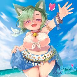 Rule 34 | 1girl, :d, absurdres, animal ears, areola slip, warrior of light (ff14), beach, bell, bikini, bracelet, breasts, cat ears, clothes lift, cloud, cloudy sky, collar, commission, curvy, extra ears, final fantasy, final fantasy xiv, flower, front-tie top, green hair, heart, highres, jewelry, lalafell, large breasts, looking at viewer, navel, neck bell, nipple slip, nipples, ocean, open mouth, parted bangs, plump, pointy ears, red eyes, sarong, sarong lift, short hair, shortstack, sky, smile, solo, spoken heart, swimsuit, vanilla (v-palace), waving, wide hips