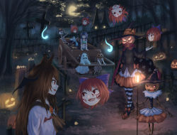 Rule 34 | 5girls, animal ears, blue bow, blue eyes, bow, brown hair, chen, cirno, commentary request, disembodied head, facial tattoo, fins, full moon, ghost costume, glowing, glowing eyes, graveyard, hair bow, halloween, halloween costume, hat, head fins, head wings, highres, hitodama, ice, ice wings, imaizumi kagerou, jack-o&#039;-lantern, lantern, mermaid, miniskirt, monster girl, moon, multiple girls, night, night sky, orange skirt, outdoors, pantyhose, pointy footwear, red eyes, red hair, roke (taikodon), scarecrow, sekibanki, shoes, short hair, skeleton, skirt, sky, smile, striped clothes, striped legwear, striped pantyhose, tattoo, thighhighs, tombstone, touhou, wagon, wakasagihime, wings, witch hat, wolf ears