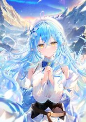 Rule 34 | 1girl, ahoge, aurora, bare shoulders, belt, blue coat, blue hair, blue ribbon, braid, camisole, coat, corset, flower, hair flower, hair ornament, hat, heart, heart ahoge, highres, hololive, icicle, light smile, long hair, looking at viewer, mountain, own hands together, pointy ears, ribbon, rin yuu, sky, snow, very long hair, virtual youtuber, white camisole, yellow eyes, yukihana lamy