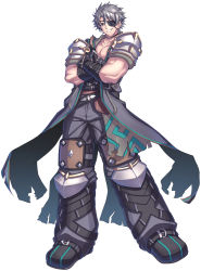Rule 34 | 1boy, absurdres, armor, belt, coattails, crossed arms, eyepatch, full body, grin, hakusai (hksicabb), highres, looking at viewer, male focus, multiple belts, pectorals, short hair, shoulder armor, simple background, smile, white background, xenoblade chronicles (series), xenoblade chronicles 2, zeke von genbu (xenoblade)