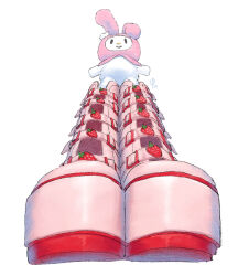Rule 34 | boots, closed mouth, from below, full body, highres, hood, marote03, my melody, no humans, onegai my melody, pink footwear, pink headwear, rabbit, sanrio, simple background, smile, standing, white background