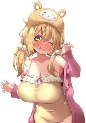 Rule 34 | 1girl, ;d, animal ear headwear, animare, atahuta, bare shoulders, blonde hair, blush, breasts, claw pose, cleavage, dress, fake animal ears, frills, full-face blush, hair ornament, hand up, highres, inaba haneru (animare), jacket, large breasts, leaning forward, long hair, looking at viewer, low twintails, nanashi inc., off shoulder, one eye closed, open clothes, open jacket, open mouth, pom pom (clothes), pom pom hair ornament, purple jacket, simple background, smile, solo, twintails, upper body, virtual youtuber, white background, yellow dress, yellow eyes