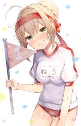 Rule 34 | 1girl, ahoge, aozora nan, blonde hair, blush, breasts, buruma, confetti, cowboy shot, fate/grand order, fate (series), flag, green eyes, grin, gym uniform, hair intakes, hairband, half-closed eyes, highres, holding, holding flag, large breasts, looking at viewer, nero claudius (fate), nero claudius (fate) (all), nero claudius (fate/extra), nero claudius (olympian bloomers) (fate), official alternate costume, parted lips, red buruma, sidelocks, smile, solo, sweat, thighs, tsurime, v-neck
