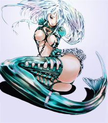 Rule 34 | 1girl, bdsm, bondage, bound, bound legs, chain, lipstick, long hair, looking down, makeup, md5 mismatch, mermaid, mermaid costume, monster girl, resolution mismatch, silver hair, solo, source smaller, yamao0920