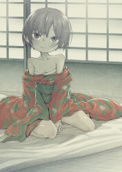 Rule 34 | 1girl, absurdres, chest sarashi, commentary request, flat chest, green eyes, grey hair, highres, indoors, japanese clothes, kimono, looking at viewer, mushishi, obaka, off shoulder, print kimono, red kimono, renzu (mushishi), sarashi, short hair, sitting, sliding doors, smile, solo