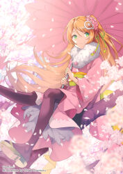 Rule 34 | 1girl, amiami (company), amico, black pantyhose, cherry blossoms, day, floral print, flower, green eyes, hair ornament, highres, holding, in tree, japanese clothes, kimono, long hair, long sleeves, obi, official art, oil-paper umbrella, orange hair, outdoors, pantyhose, petals, pink flower, pink kimono, sash, sitting, smile, solo, tree, umbrella, very long hair, wide sleeves, yumekui