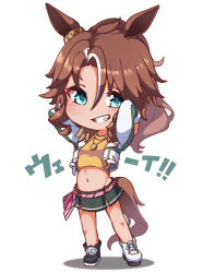 Rule 34 | 1girl, animal ears, arms behind head, arms up, asymmetrical footwear, belt, black footwear, blue eyes, boots, breasts, brown hair, chibi, commentary request, crop top, cropped jacket, ear ornament, full body, gokuu (acoloredpencil), green skirt, grin, groin, hair between eyes, highres, horse ears, horse girl, horse tail, jacket, jewelry, knee boots, long hair, looking at viewer, medium breasts, mejiro palmer (umamusume), midriff, miniskirt, mismatched footwear, multicolored hair, navel, necklace, open clothes, open jacket, parted bangs, partial commentary, pink belt, ponytail, shadow, shirt, sidelocks, skirt, sleeveless, sleeveless shirt, smile, solo, standing, streaked hair, tail, taut clothes, taut shirt, teeth, translation request, two-tone hair, umamusume, white background, white footwear, white hair, white jacket, yellow shirt