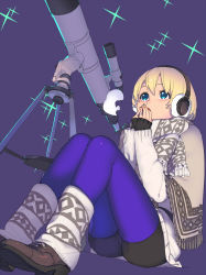 Rule 34 | 1girl, bike shorts, blanket, blonde hair, blue eyes, breath, brown footwear, dutch angle, earmuffs, enkyo yuuichirou, highres, hisho collection, leg warmers, legs together, long sleeves, looking up, own hands together, pantyhose, purple background, purple pantyhose, scarf, shoes, short hair, simple background, sitting, sleeves past wrists, solo, star (symbol), sweater, telescope, white scarf, white sweater