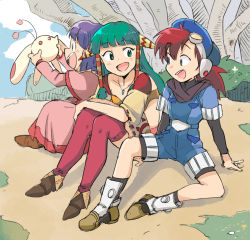 Rule 34 | 1boy, 2girls, blue eyes, dress, feena (grandia), full body, grandia, grandia i, green eyes, green hair, hair ornament, hair tubes, hat, highres, jewelry, justin (grandia), long hair, low-tied long hair, midriff, multiple girls, necklace, open mouth, purple hair, puui (grandia), smile, sue (grandia), thighhighs, tsubobot, wide sleeves