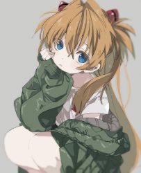Rule 34 | 1girl, blue eyes, green jacket, grey background, hair between eyes, hair ornament, hand on own chin, head rest, highres, jacket, long hair, long sleeves, looking at viewer, na ta53, neon genesis evangelion, off shoulder, orange hair, parted lips, shirt, skirt, solo, souryuu asuka langley, squatting, t-shirt, white shirt