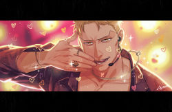 Rule 34 | 1boy, ah luan, alternate universe, artist name, black border, black shirt, blonde hair, border, bracelet, chain, chain necklace, collared shirt, headset, heart, highres, idol, jewelry, letterboxed, male focus, multiple rings, necklace, open mouth, reiner braun, ring, shingeki no kyojin, shirt, short hair, smile, solo, upper body, yellow eyes