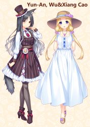 Rule 34 | 2girls, :d, animal ear fluff, animal ears, arm at side, arms behind back, bell, black footwear, black hair, black legwear, blonde hair, blue eyes, boots, brown eyes, cat ears, cat girl, cat tail, center frills, character name, collarbone, commissioner insert, dress, flower, food background, frills, full body, gradient hair, grey hair, hair flower, hair ornament, hair over one eye, hand up, hat, high heel boots, high heels, highres, jewelry, jingle bell, long hair, long sleeves, looking at viewer, low twintails, mini hat, mini top hat, multicolored hair, multiple girls, neck bell, necklace, necktie, nekopara, open mouth, original, pantyhose, red neckwear, sayori (neko works), short necktie, short sleeves, smile, standing, striped, sun hat, tail, tilted headwear, top hat, twintails, vertical stripes, white dress, yellow background