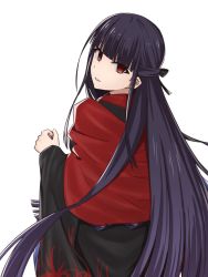 Rule 34 | 1girl, asagami fujino, asagami fujino (third ascension), black ribbon, commentary request, dress, elfenlied22, fate/grand order, fate (series), hair ribbon, head tilt, highres, japanese clothes, kara no kyoukai, long hair, long sleeves, looking at viewer, parted lips, purple hair, red eyes, ribbon, short hair, simple background, smile, solo, standing, teeth, very long hair, white background