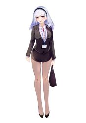 1girl :d absurdres alternate_costume azur_lane bad_id bad_twitter_id bag black_bag black_hairband black_jacket black_shoes black_skirt breasts brown_pantyhose button_gap collared_shirt commentary_request dido_(azur_lane) dress_shirt formal_clothes gradient_hair hairband high_heels highres holding holding_bag id_card jacket lanyard large_breasts long_hair long_sleeves multicolored_hair neck_ribbon office_lady open_mouth pantyhose purple_eyes purple_hair raru_(nanaharararu) red_ribbon ribbon shirt simple_background skirt smile solo suit white_background white_hair white_shirt