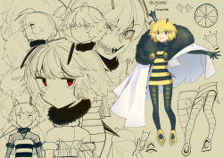 Rule 34 | 1girl, :d, absurdres, antennae, arthropod girl, bee girl, black gloves, black pantyhose, blonde hair, boa (brianoa), cape, concept art, crown, dress, gloves, highres, insect girl, looking at viewer, medium hair, mini crown, multiple views, open mouth, original, pantyhose, red eyes, shoes, short dress, smile, striped clothes, striped dress, white cape, yellow dress, yellow footwear