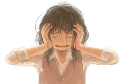 Rule 34 | 1girl, backlighting, black hair, blouse, closed eyes, collared shirt, crying, hands on own head, highres, long sleeves, mame usagi, messy hair, open mouth, original, runny nose, shirt, simple background, snot, solo, sweater vest, tears, upper body, white background, white shirt