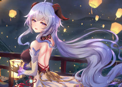 1girl, bangs, bare shoulders, black gloves, blue eyes, blue hair, bodysuit, breasts, detached sleeves, eyebrows visible through hair, from side, ganyu (genshin impact), genshin impact, gloves, goat horns, habu rin, highres, holding, holding lantern, horns, lantern, large breasts, long hair, looking at viewer, looking to the side, night, open mouth, outdoors, smile, solo, upper body