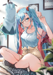 Rule 34 | 1girl, ;), ahoge, alternate costume, aqua-framed eyewear, aqua eyes, aqua nails, armpits, arms up, bare shoulders, bespectacled, black socks, blue hair, blue tank top, blush, book, brown shorts, carpet, closed mouth, glasses, hair ornament, hair scrunchie, hairclip, hatsune miku, high-waist shorts, indian style, indoors, jacket, kyashii (a3yu9mi), long hair, looking at viewer, nail polish, on floor, one eye closed, open book, open clothes, open jacket, painting (object), red jacket, scrunchie, short sleeves, shorts, sitting, smile, socks, solo, stretching, tank top, twintails, very long hair, vocaloid