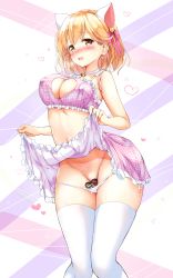 Rule 34 | 1girl, akina tsukako, animal ears, bare arms, bare shoulders, bell, blonde hair, blush, bra, breasts, candy, cat ears, chocolate, chocolate heart, choker, cleavage, cleavage cutout, clothes lift, clothing cutout, commentary request, covered erect nipples, djeeta (granblue fantasy), earrings, embarrassed, feet out of frame, food, frilled bra, frilled skirt, frills, granblue fantasy, hair bell, hair ornament, hair ribbon, heart, heart cutout, jewelry, jingle bell, large breasts, lifted by self, lingerie, looking at viewer, navel, nose blush, open mouth, panties, pink bra, pink ribbon, pink skirt, ribbon, short hair, side-tie panties, skirt, skirt lift, solo, standing, stomach, sweat, thighhighs, underwear, valentine, wavy mouth, wet, white choker, white panties, white thighhighs, yellow eyes