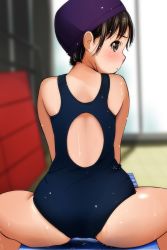 Rule 34 | 1girl, :o, absurdres, ass, backless swimsuit, bare shoulders, black hair, blue one-piece swimsuit, blurry, blurry background, blush, brown eyes, depth of field, feet out of frame, from behind, highres, indoors, looking at viewer, looking back, matsunaga kouyou, nose blush, one-piece swimsuit, original, parted lips, sitting, solo, swim cap, swimsuit, wet