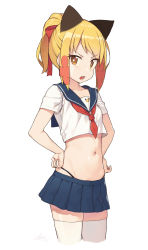 Rule 34 | 1girl, :o, absurdres, blonde girl (cloba), blonde hair, blue sailor collar, blue skirt, breasts, bright pupils, brown eyes, cloba, collarbone, cowboy shot, crop top, crop top overhang, frown, groin, hair ribbon, hands on own hips, highleg, highres, long hair, looking at viewer, midriff, miniskirt, navel, necktie, open mouth, original, panty straps, pleated skirt, ponytail, red necktie, red ribbon, ribbon, sailor collar, school uniform, serafuku, shirt, short necktie, short sleeves, sidelocks, signature, simple background, skirt, small breasts, solo, stomach, thighhighs, v-shaped eyebrows, white background, white shirt, white thighhighs, zettai ryouiki