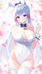 Rule 34 | 1girl, absurdres, alternate costume, animal ears, apple caramel, arm behind back, ayaka (genshin impact), bare arms, bare shoulders, blue bow, blue bowtie, blue eyes, blurry, blurry background, blush, bow, bowtie, branch, breasts, character name, cherry blossoms, cleavage, closed mouth, collar, commentary request, covered navel, cowboy shot, detached collar, fake animal ears, falling petals, flower knot, genshin impact, groin, hair bow, hair ribbon, hand up, high ponytail, highleg, highleg leotard, highres, holding, holding petal, large breasts, leotard, long hair, looking at viewer, neck tassel, petals, playboy bunny, rabbit ears, raised eyebrows, ribbon, sidelocks, smile, solo, strapless, strapless leotard, thighhighs, thighs, tress ribbon, very long hair, white background, white collar, white hair, white leotard, white thighhighs, white wrist cuffs, wrist cuffs