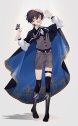 Rule 34 | 1boy, black butterfly, black cape, black hair, black thighhighs, black vest, blue cape, boots, bridal garter, bug, butterfly, butterfly on hand, cape, cross-laced footwear, full body, grey footwear, grey shorts, grey vest, highres, insect, lace-up boots, looking at viewer, mahoutsukai no yakusoku, male focus, moooren5, multicolored cape, multicolored clothes, open mouth, shirt, shorts, smile, snow (mahoutsukai no yakusoku), solo, thigh strap, thighhighs, vest, white shirt, yellow eyes