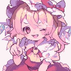 Rule 34 | 1girl, ;d, ahiru tokotoko, ascot, blonde hair, bow, commentary, crystal wings, fangs, flandre scarlet, hat, hat bow, looking at viewer, mob cap, one eye closed, one side up, open mouth, pixel art, red bow, red eyes, short sleeves, smile, solo, touhou, upper body, white hat, yellow ascot