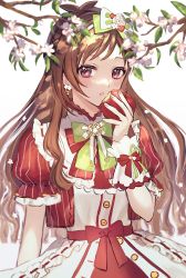 Rule 34 | 1girl, anoa, apple, blush, bow, branch, brown hair, commentary request, dress, earrings, flower, flower earrings, food, fruit, green bow, hair bow, hand up, highres, holding, holding food, holding fruit, idolmaster, idolmaster cinderella girls, idolmaster cinderella girls starlight stage, jacket, jewelry, long hair, open clothes, open jacket, parted lips, red apple, red bow, red eyes, red jacket, rose, simple background, solo, striped bow, striped clothes, striped jacket, tsujino akari, vertical-striped clothes, vertical-striped jacket, very long hair, white background, white dress, white flower, white rose, wrist cuffs