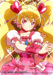 Rule 34 | 00s, 1girl, blonde hair, choker, corset, cure peach, earrings, english text, fresh precure!, hair ornament, heart, heart hair ornament, jewelry, long hair, magical girl, momozono love, own hands clasped, own hands together, pink eyes, pink skirt, precure, shirono, skirt, smile, solo, twintails, wrist cuffs