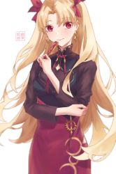 Rule 34 | 1girl, blonde hair, dress, earrings, ereshkigal (fate), ereshkigal (youming niangniang) (fate), fate/grand order, fate (series), folding fan, hair ribbon, hand fan, highres, hoop earrings, infinity symbol, jewelry, lipstick, long hair, long sleeves, looking at viewer, makeup, multicolored clothes, multicolored dress, nail polish, official alternate costume, red eyes, red nails, red ribbon, ribbon, simple background, solo, vietnamese dress, white background, ye mei (hami illust)