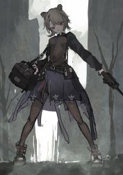 Rule 34 | 1girl, absinthe (arknights), absurdres, animal ears, arknights, bag, bear ears, belt pouch, black footwear, black pantyhose, black shirt, black skirt, boots, closed mouth, commentary request, full body, grey hair, gun, highres, holding, holding gun, holding weapon, kensei (v2), legs apart, long sleeves, looking at viewer, pantyhose, pouch, red eyes, shirt, short hair, shoulder bag, skirt, solo, standing, weapon