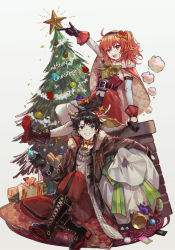 Rule 34 | 1boy, 1girl, :d, absurdres, ahoge, alternate costume, ankle boots, antlers, arm up, bell, belt, black belt, black footwear, black gloves, black hair, black pantyhose, blue eyes, blush, boots, bow, box, brown coat, cape, christmas, christmas ornaments, christmas tree, coat, collar, commentary request, csyday, dress, fate/grand order, fate (series), fingerless gloves, fujimaru ritsuka (female), fujimaru ritsuka (male), fur-trimmed cape, fur trim, gift, gift box, gloves, grey shirt, grin, hair ornament, hair scrunchie, highres, holding, horns, knee boots, long sleeves, looking at viewer, merry christmas, neck bell, one side up, open mouth, orange eyes, orange hair, pants, pantyhose, plaid, plaid scarf, red cape, red collar, red dress, red footwear, red pants, reindeer antlers, sack, santa costume, scarf, scrunchie, shirt, short hair, side ponytail, simple background, sitting, smile, sparkle, star (symbol), torn sack, two-sided fabric, white background, white scarf