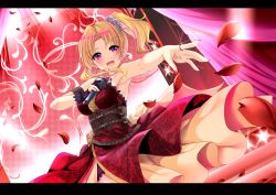 Rule 34 | 1girl, :d, arm strap, armpits, bare shoulders, blonde hair, blush, breasts, commentary request, dress, earrings, flower, hair flower, hair ornament, highres, holding, holding microphone, idolmaster, idolmaster cinderella girls, jewelry, kiryu tsukasa (idolmaster), letterboxed, medium breasts, microphone, music, nail polish, open mouth, outstretched hand, petals, purple eyes, red dress, red nails, ring, rose petals, side ponytail, singing, sleeveless, sleeveless dress, smile, solo, strapless, strapless dress, yuu sagi