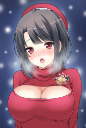 Rule 34 | 10s, 1girl, bell, black hair, blush, breasts, breath, christmas, cleavage, cleavage cutout, clothing cutout, female focus, hat, kantai collection, large breasts, looking at viewer, meme attire, nanairo fuuka, open-chest sweater, open mouth, red eyes, short hair, solo, sweater, takao (kancolle), turtleneck