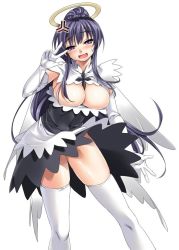 Rule 34 | 1girl, angel, blush, breasts, cle masahiro, clothes lift, dress, dress lift, drunk, duplicate, elbow gloves, gloves, halo, kanzaki kaori, large breasts, long hair, maid, no nipples, open clothes, ponytail, purple eyes, purple hair, solo, thighhighs, toaru majutsu no index, white thighhighs, wind, wind lift, zettai ryouiki