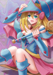 Rule 34 | 1girl, absurdres, bare shoulders, blonde hair, blue dress, blue eyes, blue footwear, blue hat, blush stickers, boots, breasts, capelet, card (medium), cleavage, dark magician girl, dress, duel monster, gauntlets, grey background, hair between eyes, hat, hexagram, highres, jewelry, looking at viewer, medium breasts, misakura aoi, necklace, open mouth, pink background, pink skirt, sitting, skirt, smile, solo, staff, two-tone background, wand, wizard hat, yu-gi-oh!
