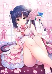 Rule 34 | 1girl, bare shoulders, blurry, blurry background, blush, bow, breasts, brown eyes, closed mouth, crossed ankles, curtains, depth of field, double bun, dress, flower, folding fan, gloves, hair bun, hand fan, highres, holding, holding fan, large breasts, long hair, looking at viewer, nanohana kohina, original, panties, pink bow, pink dress, pink flower, pink rose, purple hair, revision, rose, sidelocks, sitting, sleeveless, sleeveless dress, smile, solo, twintails, underwear, very long hair, white gloves, white panties, window