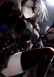 Rule 34 | 1girl, absurdres, armor, armored dress, black armor, black cape, black dress, black thighhighs, breasts, cape, dress, fate/samurai remnant, fate (series), fire, full moon, fur-trimmed cape, fur trim, gauntlets, grey hair, headpiece, highres, jeanne d&#039;arc alter (fate), jeanne d&#039;arc alter (lancer) (fate), kino kokko, large breasts, leg up, light smile, looking at viewer, looking down, moon, plackart, short hair, smile, solo, teeth, thighhighs, thighs, yellow eyes