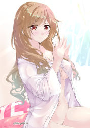 Rule 34 | 1girl, blush, breasts, brown eyes, dress shirt, earrings, fingers together, hair down, jewelry, kantai collection, large breasts, light brown hair, light particles, long hair, mikage takashi, minegumo (kancolle), no panties, open clothes, open shirt, pillow, shirt, smile, solo, twitter username, white shirt, yes-no pillow