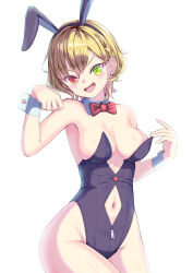 Rule 34 | 1girl, :d, animal ears, armpits, bare shoulders, black leotard, blonde hair, blush, bow, bowtie, braid, breasts, charlotte (shironeko project), cleavage, clothing cutout, commentary request, cowboy shot, detached collar, dorai, fake animal ears, fang, green eyes, groin, hair between eyes, hands up, heterochromia, highleg, highleg leotard, highres, leotard, looking at viewer, medium breasts, navel, navel cutout, open mouth, playboy bunny, rabbit ears, red bow, red bowtie, red eyes, shironeko project, short hair, sidelocks, simple background, smile, solo, standing, strapless, strapless leotard, traditional bowtie, white background, wrist cuffs, zipper, zipper pull tab