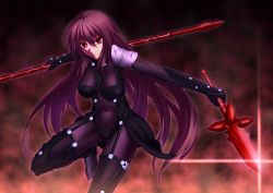 Rule 34 | 1girl, answering, armor, bodysuit, breasts, dual wielding, fate/grand order, fate (series), gae bolg (fate), holding, large breasts, long hair, looking at viewer, pauldrons, polearm, purple bodysuit, purple hair, red eyes, scathach (fate), scathach (fate), shoulder armor, solo, spear, weapon