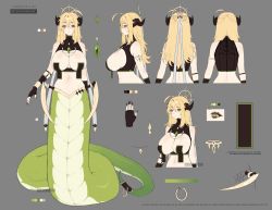 Rule 34 | 1girl, ahoge, armlet, artist name, black gloves, black nails, blonde hair, breastless clothes, breasts, character sheet, color guide, commentary, english commentary, english text, expressionless, fingerless gloves, fingernails, full body, gloves, green eyes, grey background, groin, hair between eyes, hair ribbon, highres, horns, huge breasts, jewelry, lamia, long hair, monster girl, multiple views, nail polish, navel, original, pasties, ribbon, sharp fingernails, simple background, sleeveless, slit pupils, snek (terupancake), terupancake, turnaround, upper body, white ribbon