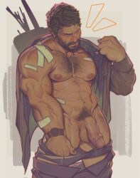 Rule 34 | 1boy, abs, bandaid, bandaid on arm, bandaid on chest, bara, bare pectorals, beard, black male underwear, black nails, black pants, brown hair, brown jacket, chest hair, clothes pull, erection, facial hair, highres, holo eden, jacket, joel (the last of us), large pectorals, male focus, male pubic hair, male underwear, male underwear pull, muscular, muscular male, navel, nipples, open clothes, open jacket, pants, pants pull, pectorals, penis, pubic hair, short hair, solo, testicles, the last of us, the last of us (series), underwear, watch, wristwatch