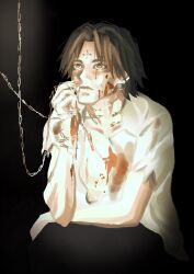 Rule 34 | 1boy, arm rest, black background, black eyes, black hair, blood, blood on clothes, blood on face, chain, chinyu11988612, chrollo lucilfer, cross tattoo, earrings, facial mark, facial tattoo, forehead mark, forehead tattoo, highres, hunter x hunter, jewelry, looking up, male focus, shirt, short hair, simple background, solo, tattoo, upper body, white shirt