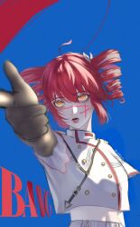 1girl absurdres blue_background chainsaw_man drill_hair facial_scar finger_gun highres kasane_teto mercaxy navel open_mouth red_background red_hair ringed_eyes scar scar_on_cheek scar_on_face shirt solo twin_drills two-tone_background utau white_shirt yellow_eyes yoru_(chainsaw_man)