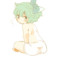 Rule 34 | 1girl, back, barefoot, bloomers, blue eyes, blue hair, blush, bow, child, cirno, from behind, hair bow, indian style, looking back, matching hair/eyes, meeko, no wings, short hair, sitting, solo, topless, touhou, underwear, underwear only, white bloomers