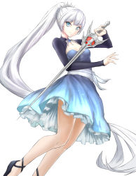 Rule 34 | 1girl, absurdly long hair, absurdres, bad id, bad pixiv id, blue dress, blue eyes, breasts, cleavage, dress, floating hair, goldevil, hair rollers, highres, holding, holding sword, holding weapon, jewelry, layered dress, long hair, long sleeves, looking at viewer, necklace, ponytail, rwby, short dress, shrug (clothing), silver hair, simple background, sleeveless, sleeveless dress, small breasts, solo, strapless, strapless dress, sword, very long hair, weapon, weiss schnee, white background