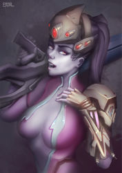 Rule 34 | 1girl, bodysuit, colored skin, eriyal, gun, hair ornament, hair tie, holding, holding gun, holding weapon, lips, long hair, looking at viewer, open mouth, overwatch, overwatch 1, ponytail, purple hair, purple lips, purple skin, rifle, shoulder pads, sniper rifle, solo, visor, weapon, widowmaker (overwatch)